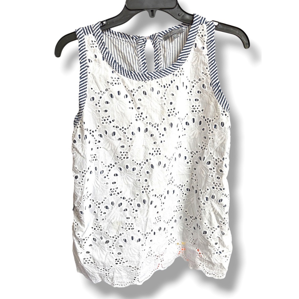 Piazza Del Tempio Tank Top White Blue Striped Eyelet Cotton Blend Small